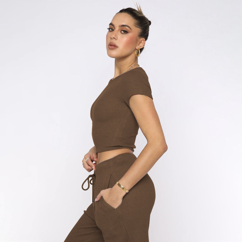 Spring Summer Solid Color Waffle round Neck Short Sleeve Women Clothing Casual Trousers Sets