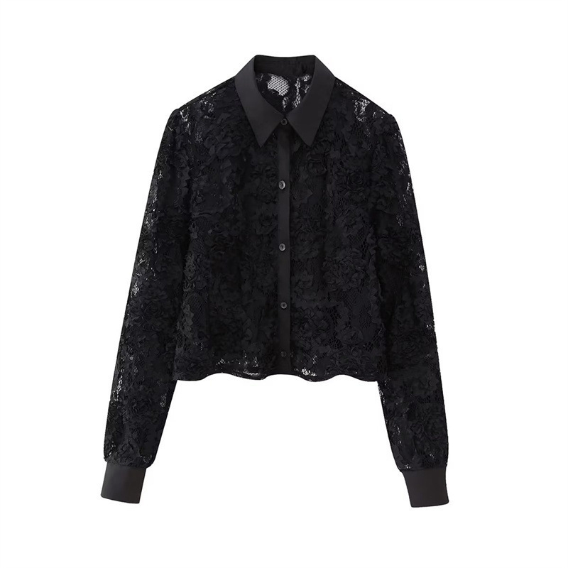 ZA cross-border niche design lace shirt elegant lapel single-breasted cardigan fashion solid color slim women's clothing Y3