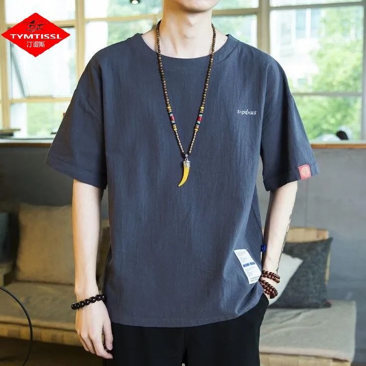 Camiseta de lino de manga corta para hombre Traje Tang de estilo chino Traje de hombre gordo retro de gran tamaño Abrigo de algodón y lino de media manga suelto y delgado