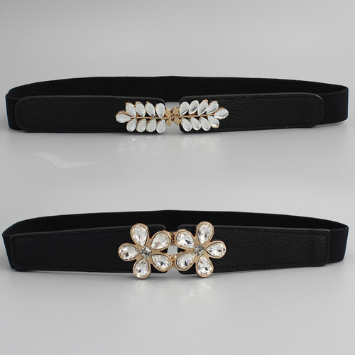 Decorative belt for women with elastic skirt, shirt, flower pattern, diamond buckle, versatile elastic black waistband, 2 options available