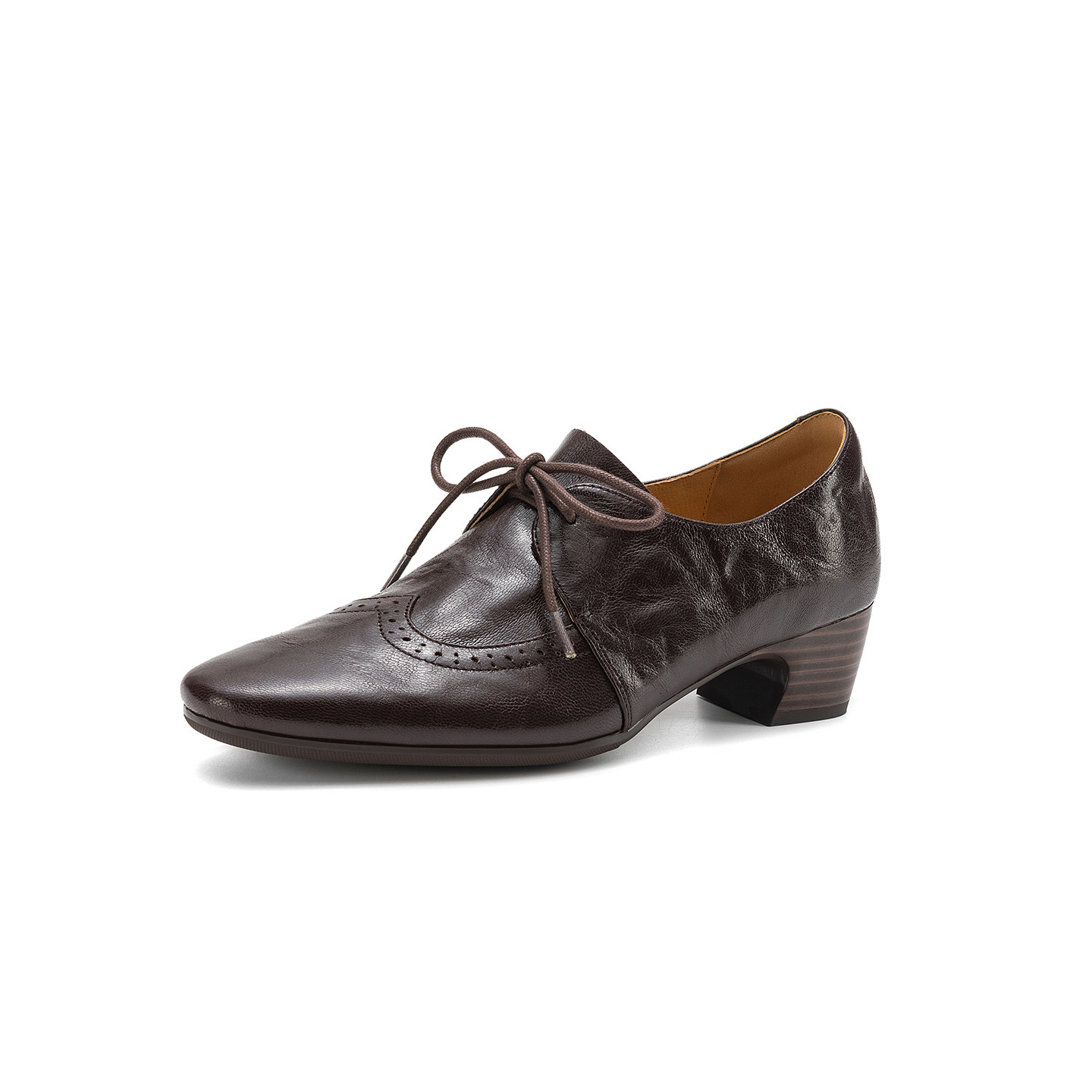 Giày loafer nữ da cừu buộc dây phong cách vintage, gót thấp vuông — màu nâu