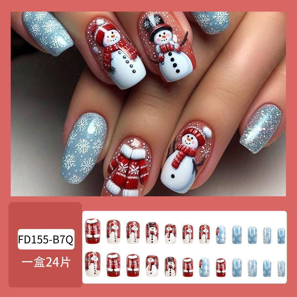 Nuevo comercio exterior Navidad en relieve para vestir uñas, muñeco de nieve, copo de nieve, viento festivo, 24 piezas de uñas empacadas, parches de uñas terminados