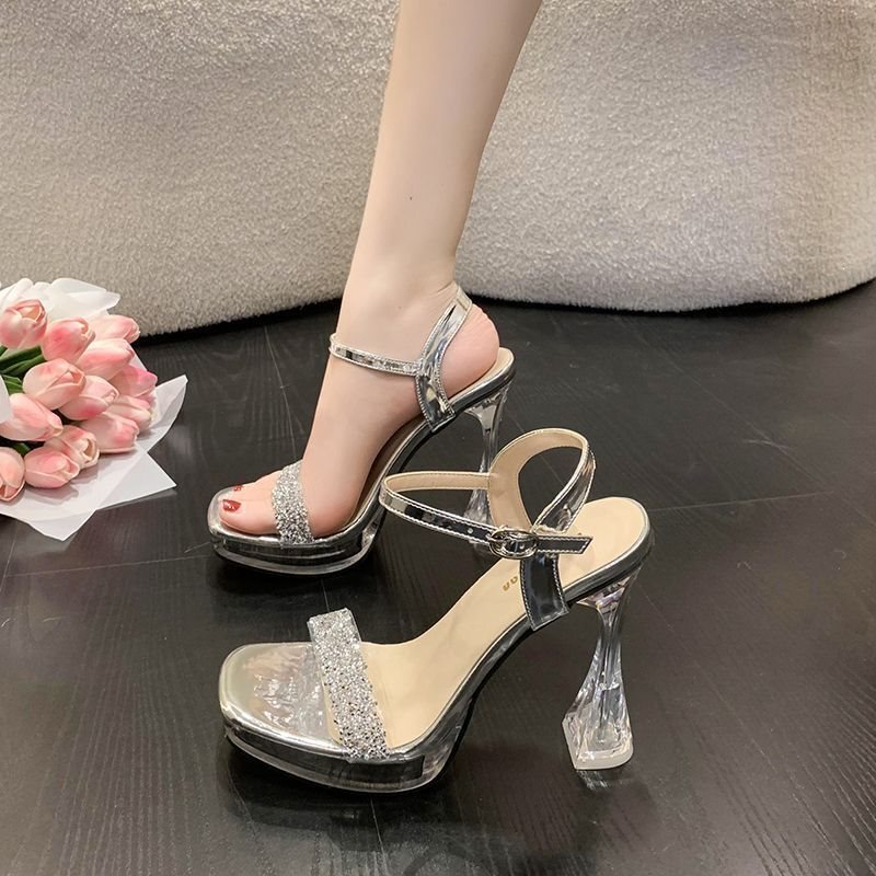 Chunky Heel Comfortable High-Heeled Sandals for Women, Summer Slimming Platform with Rhinestones, Transparent Heel, Versatile Party Shoes