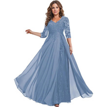 正式新娘母亲礼服女式雪纺七分袖蕾丝 V 领正式妈妈新郎