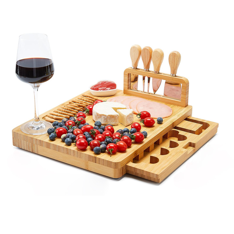 Tablero de cortar de bambú Tablero de queso multifuncional con cuchillo y tenedor Tablero de corte doméstico Bandeja de postre de frutas de fiesta