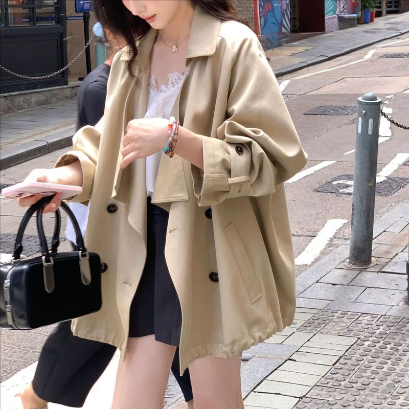 莱赛尔天丝棉撞色扣荡领上衣女秋廓形可调节扣袢风衣外套|undefined