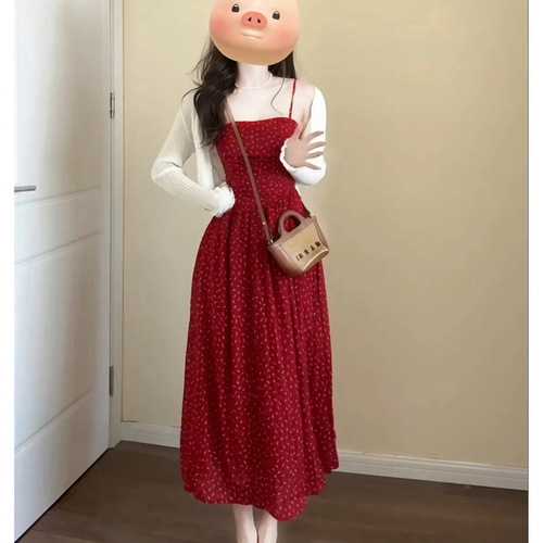Plus-size vintage floral print women's summer sweet temperament waist-cinch strap dress with sun protection sweater two-piece set