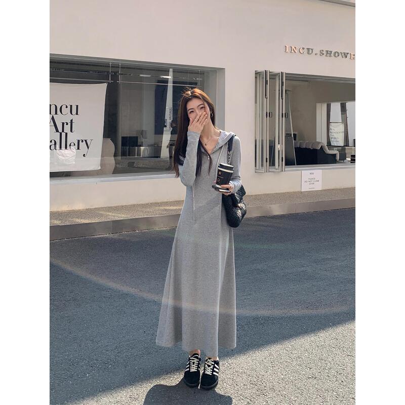 [Tmall Quality] Black Hooded Knitted dress Women's Casual Niche Design Sense Slim Sweater Long Skirt