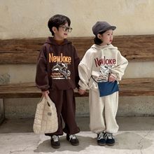 童套装2025秋冬男童女童韩版卡通字母卫衣两件套儿童加绒连帽套装