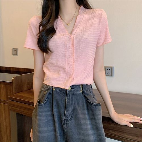 Designer-style niche women's summer Korean version temperament pleated V-neck slimming short-sleeved top women's gentle short-sleeved top