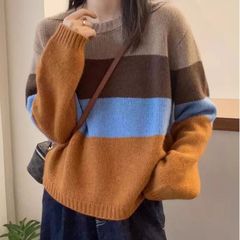 韩系拼色条纹宽松休闲慵懒针织衫毛衣外套女秋冬新款复古长袖上衣