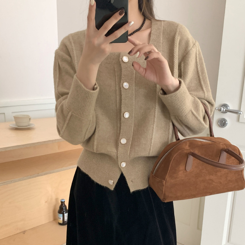 2025秋冬法式方领麻花针织开衫女立体绞花小众设计轻熟通勤外套|undefined