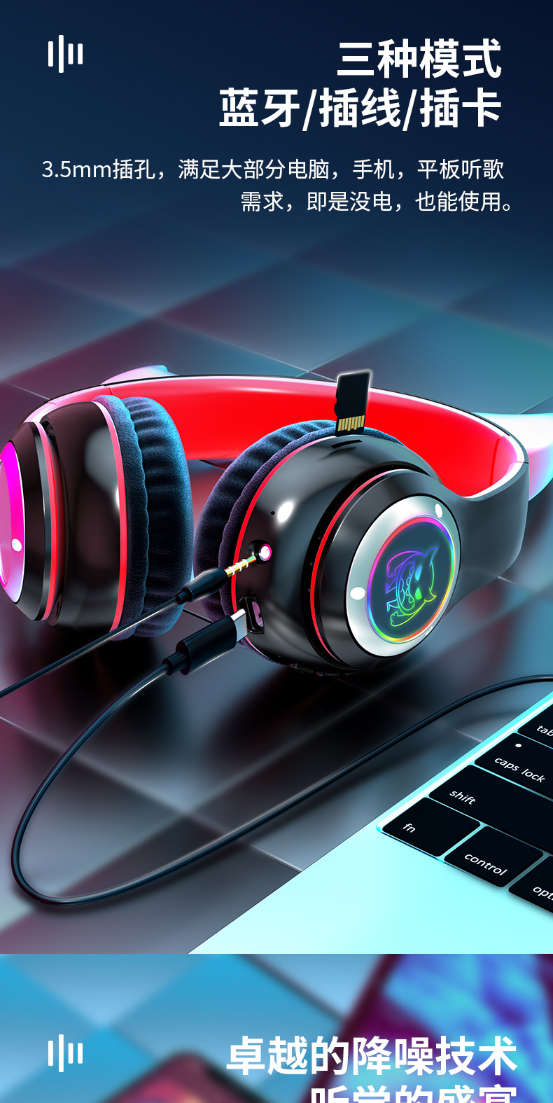 Glänzende und stilvolle Bluetooth-Kopfhörer mit Teufelskopf-Design, hochauflösende und klare Soundqualität, Sport-Gaming-Kopfhörer mit langer Akkulaufzeit