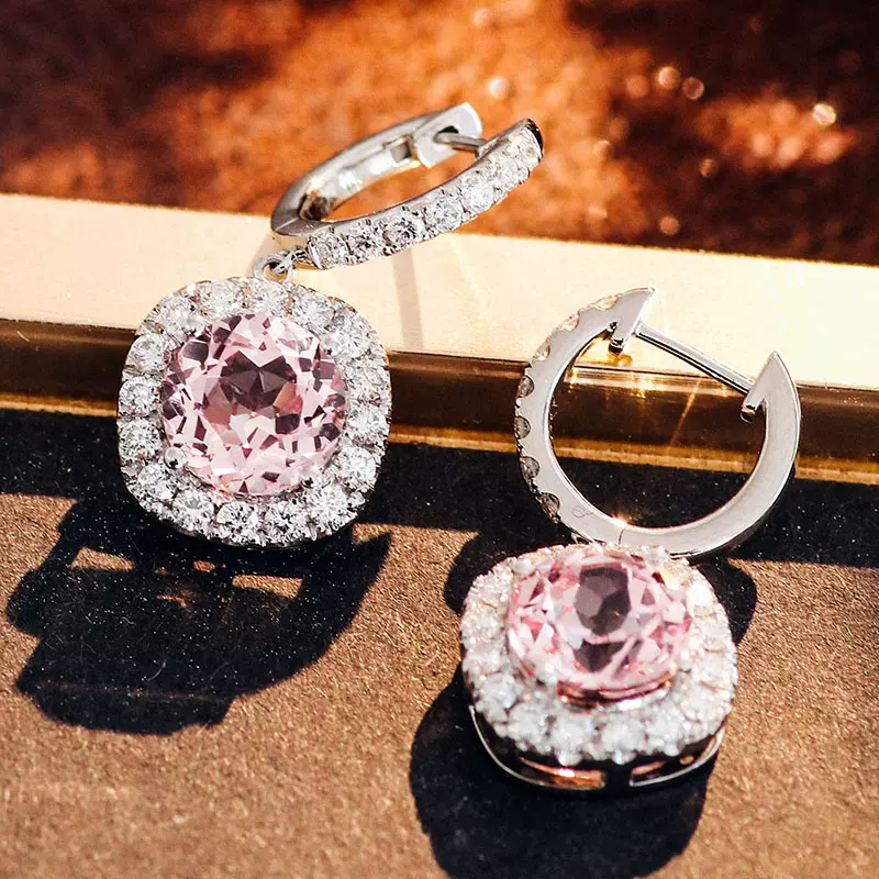 培育粉宝石圆形50分K金耳环粉蓝宝石耳圈粉宝石首饰情人节礼物