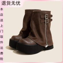 祁晏短靴女厚底增高2025新款夏季棕色小个子裤管松糕底马丁靴