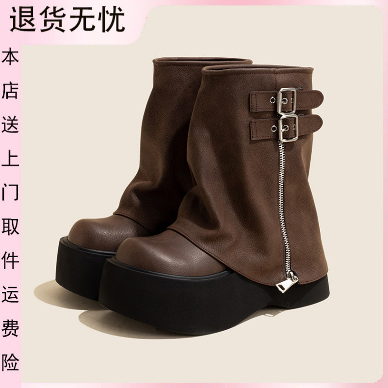 祁晏短靴女厚底增高2025新款夏季棕色小个子裤管松糕底马丁靴