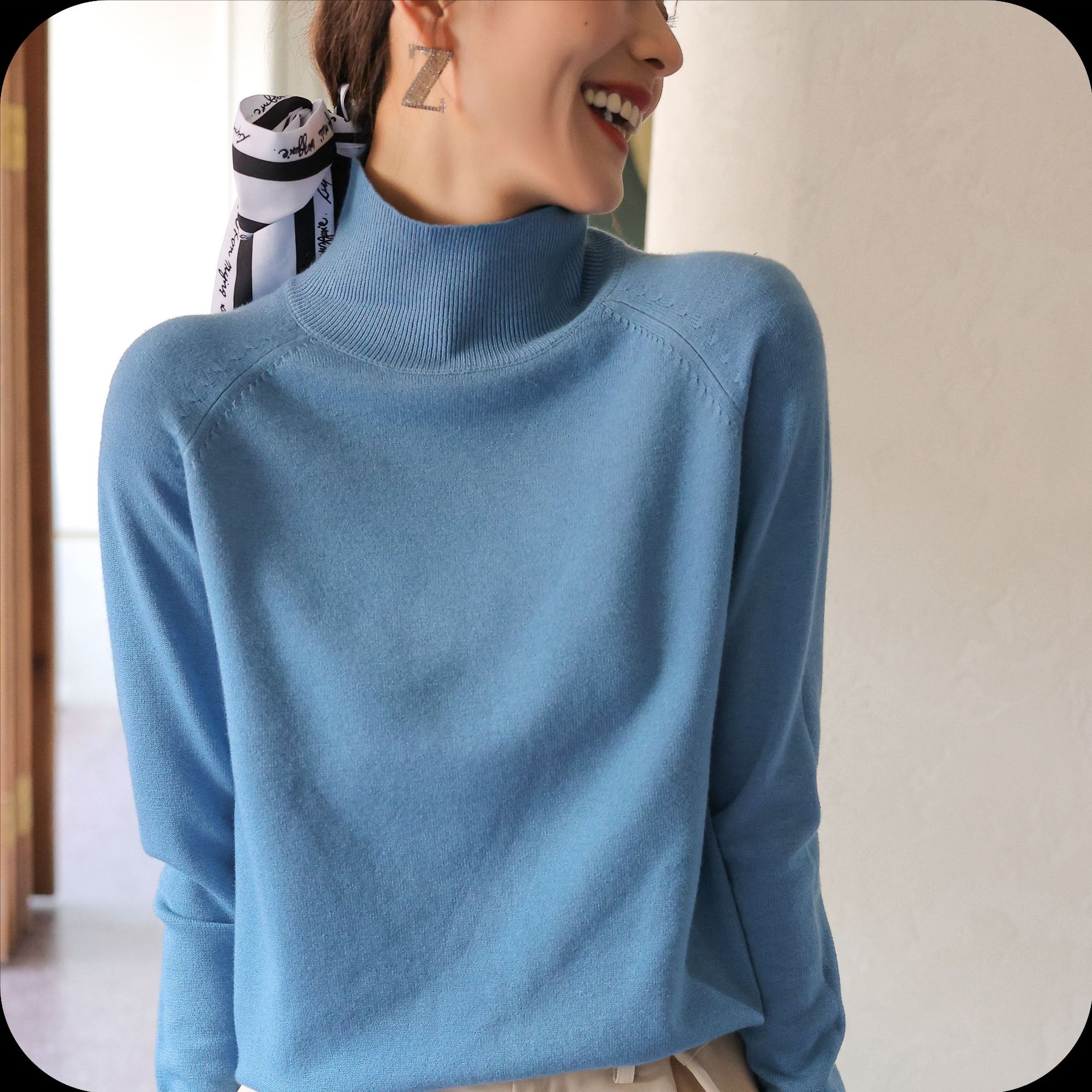 Suéter de punto con cuello medio alto, versátil, corte ajustado, para primavera, otoño e invierno, estilo nuevo 2026, manga larga, capa base elegante para mujer image 12