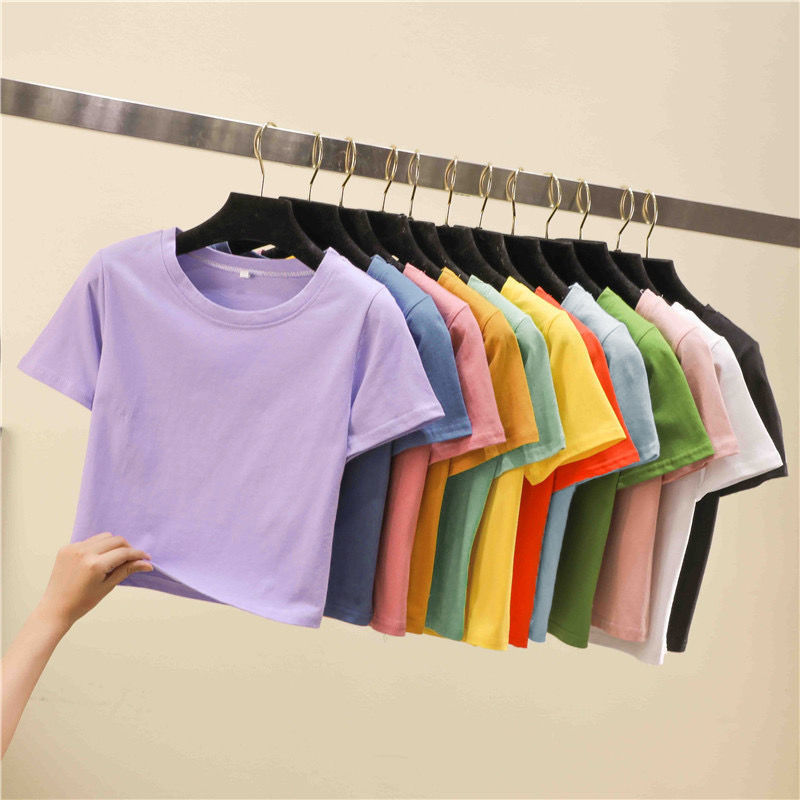ins short-sleeved cropped T-shirt women's summer wear leaking navel slim fit all-match bottoming shirt short high waist solid color sports top