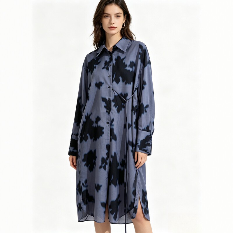Mugwort print long-sleeve midi dress with tie and turn-down collar for women, casual dress Mugwort print long-sleeve midi dress with tie and turn-down collar for women, casual dress