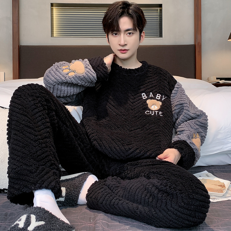 New Style Warm Pajamas for Teenage Boys, Winter Fleece-Lined Flannel Home Wear Set, 20 Styles