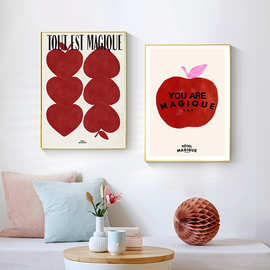 北欧粉色抽象英文字母红苹果心形水彩油画复古艺术摆台装饰挂画芯