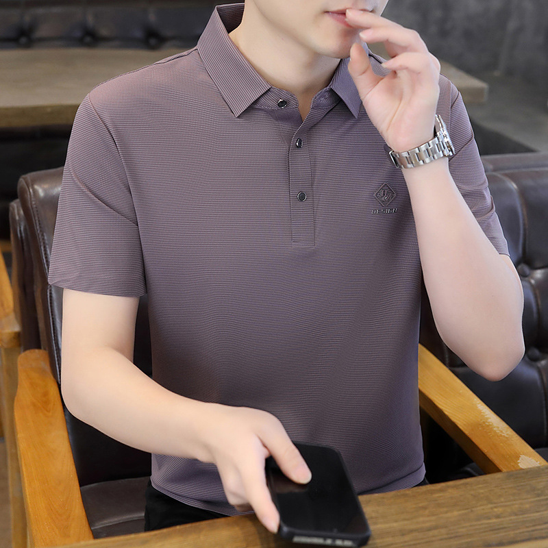 Verano nuevo estilo de manga corta de seda de hielo sin costuras polo de los hombres de gama alta nailum de secado rápido casual solapa camiseta top de moda