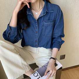 欧货蓝色牛仔衬衫春季长袖复古内搭衬衣叠穿休闲宽松外套图片色棉