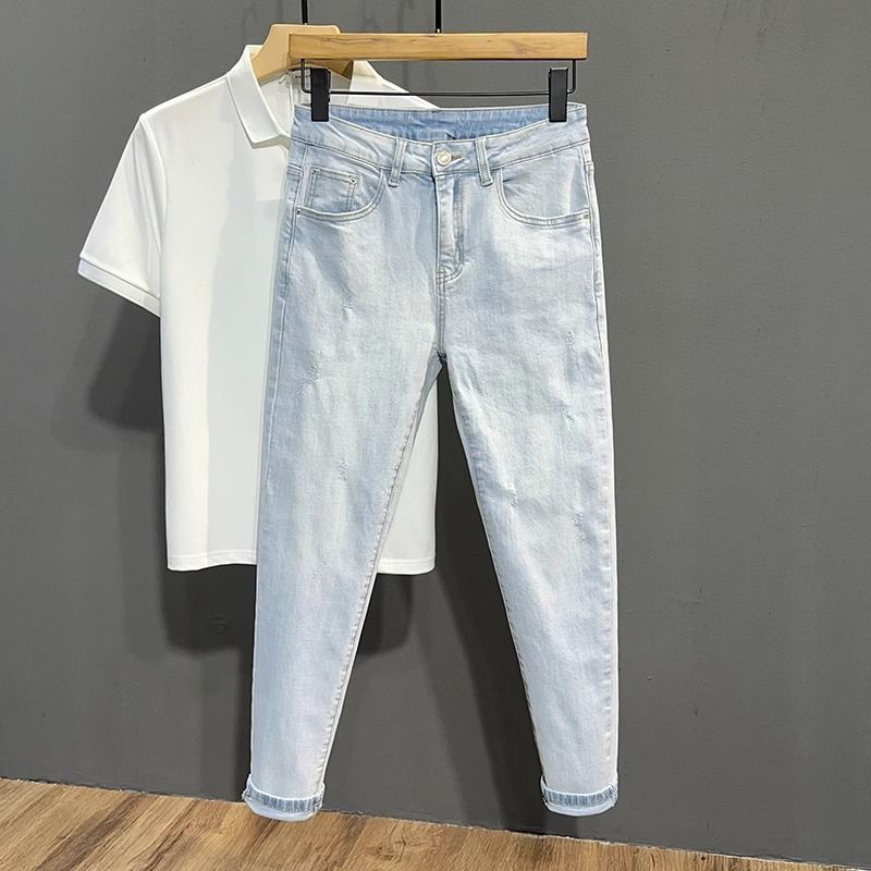 Summer Thin Washed Light Blue Cropped Jeans for Men Trendy Versatile Stylish Slim Fit Cropped Pants Korean Version