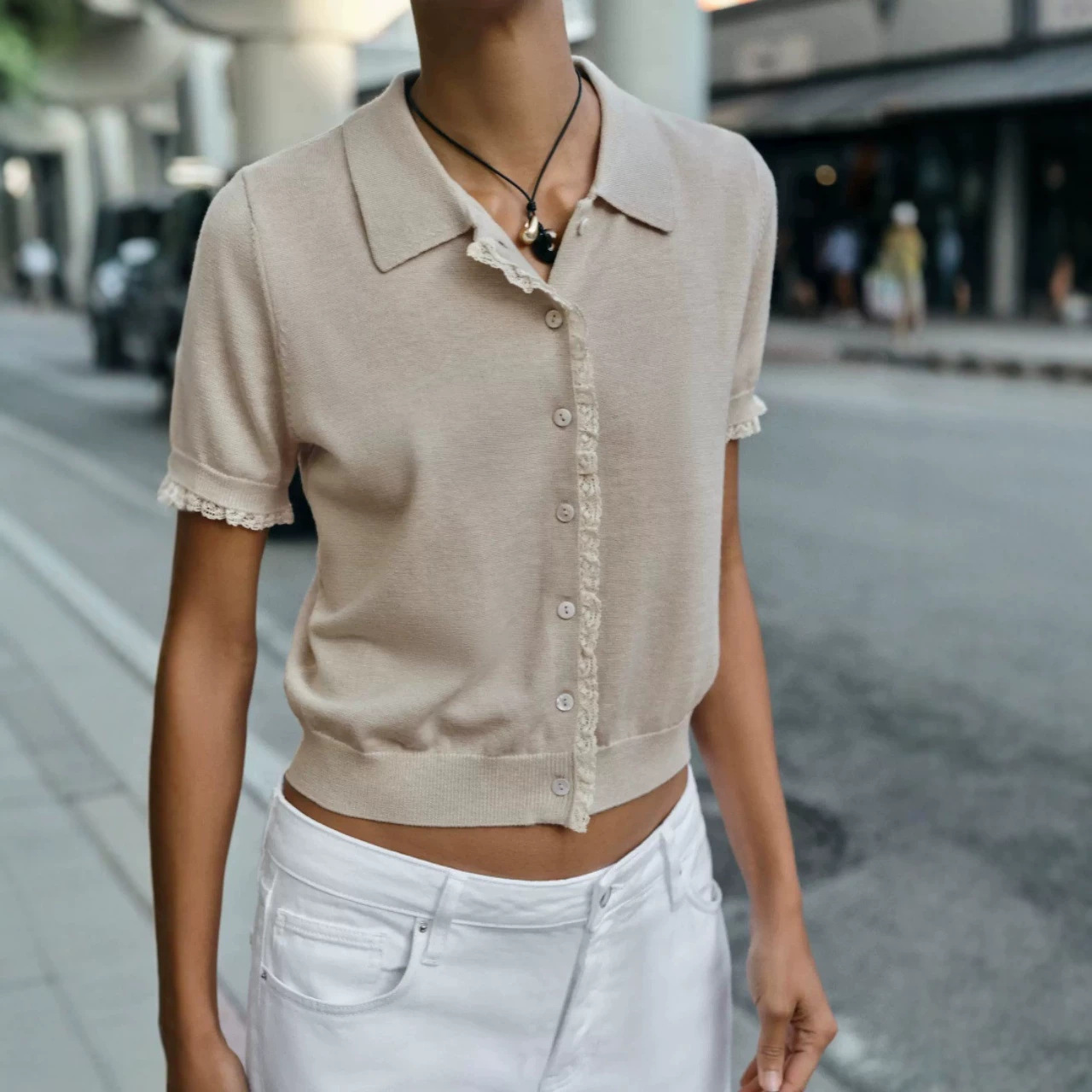 2026 Summer New Arrival Women's Short-Sleeve T-Shirt Top with Polo Collar and Lace Knit Cardigan (same style as those in ZA Women's Clothing Mall)