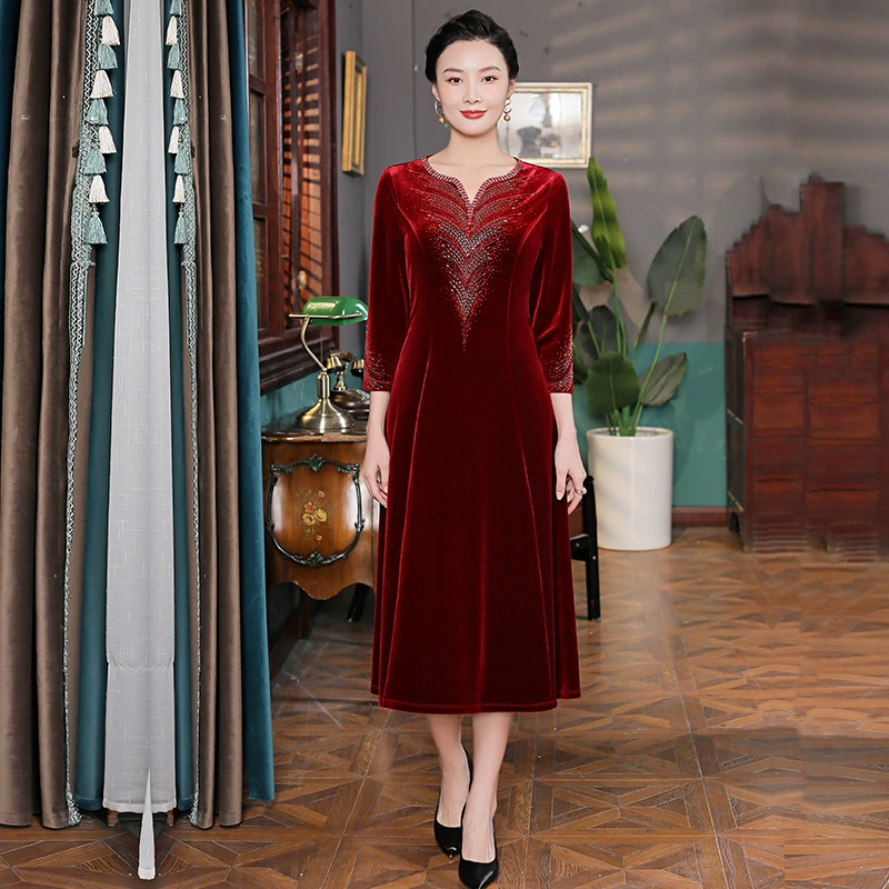 Вельветовое свадебное банкетное платье для свекрови среднего и пожилого возраста, длиной до колена, весеннее, высококачественное, оптом.