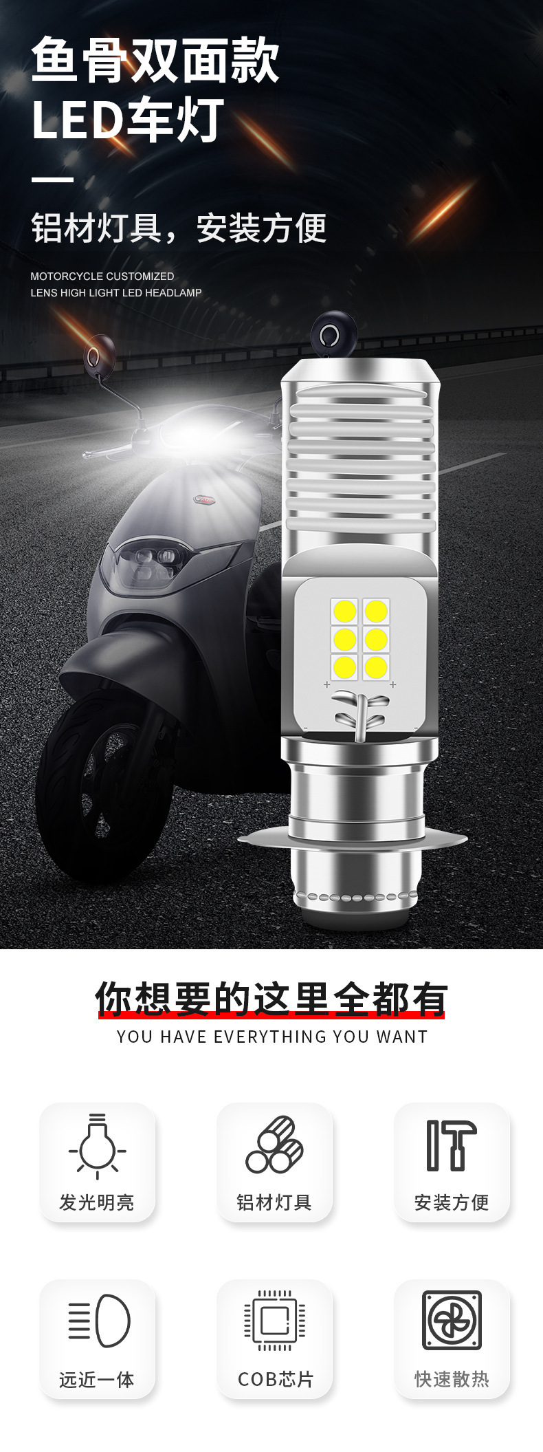 Cross-Border Motorcycle Headlight H4 Three-Claw H6 High and Low Beam Integrated Modified Fishbone Double-Sided 6-Bead Spotlight Bulb Strong Light
