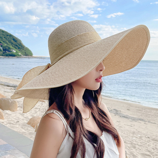 Straw Hat Women's Summer Sunscreen Oversized Brim Sunshade Hat Beach Seaside Holiday Sun Hat Foldable Hat Trendy