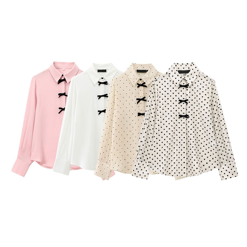 跨境欧美女装上衣批发2025春单排扣翻领蝴蝶结长袖波点印花衬衫