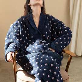 藏青淡粉碎花加厚针织半边绒睡衣套装女冬季保暖V领家居服两件套