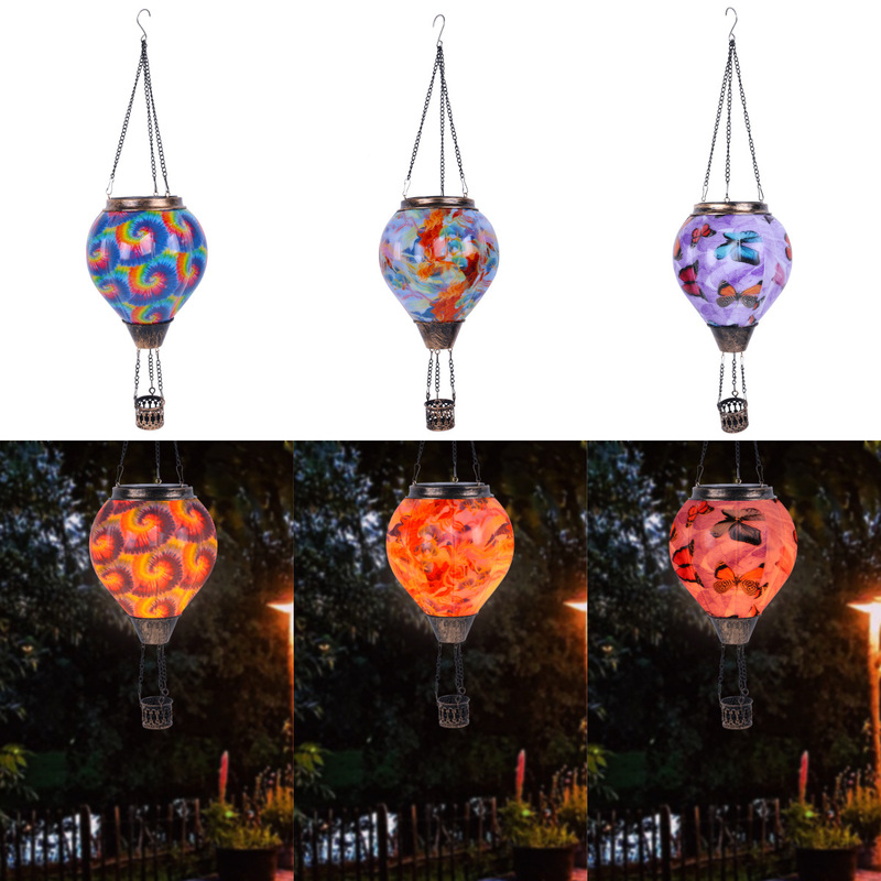 Amazon Waterproof Solar Light Painted Lantern Hot Air Balloon Outdoor Garden Hanging Flashing Flame Decorative Light