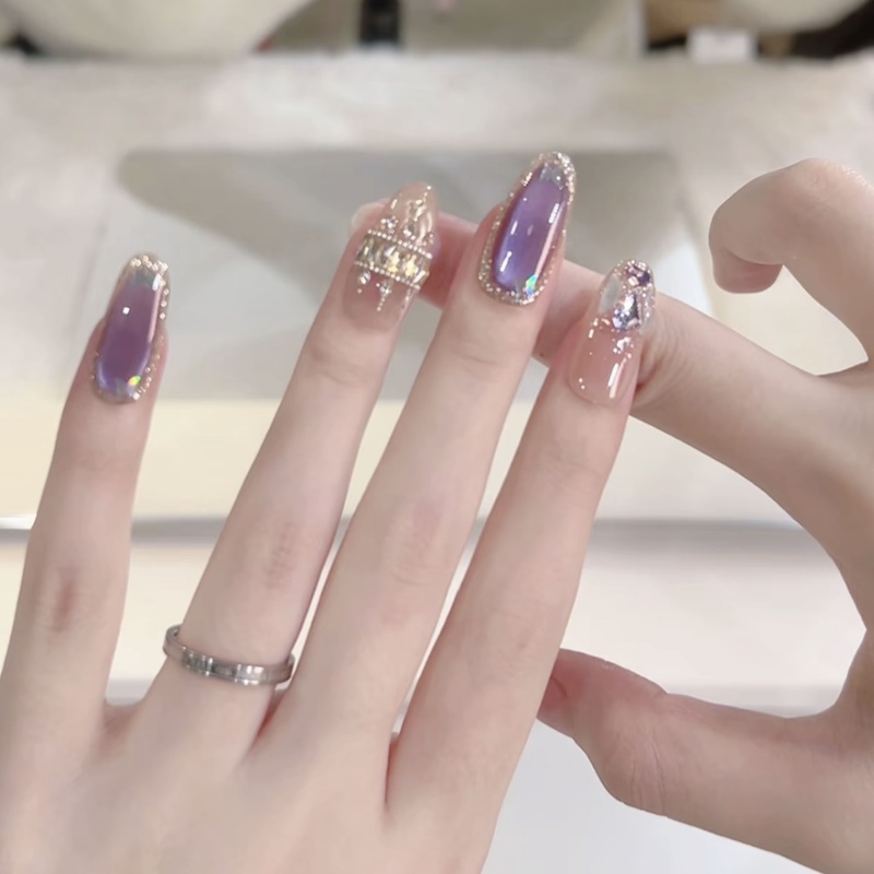 [Purple Castle] Purely Handmade Wearable Nails, New Spring and Summer Style Purple Cat-Eye Removable Nail Stickers Wholesale