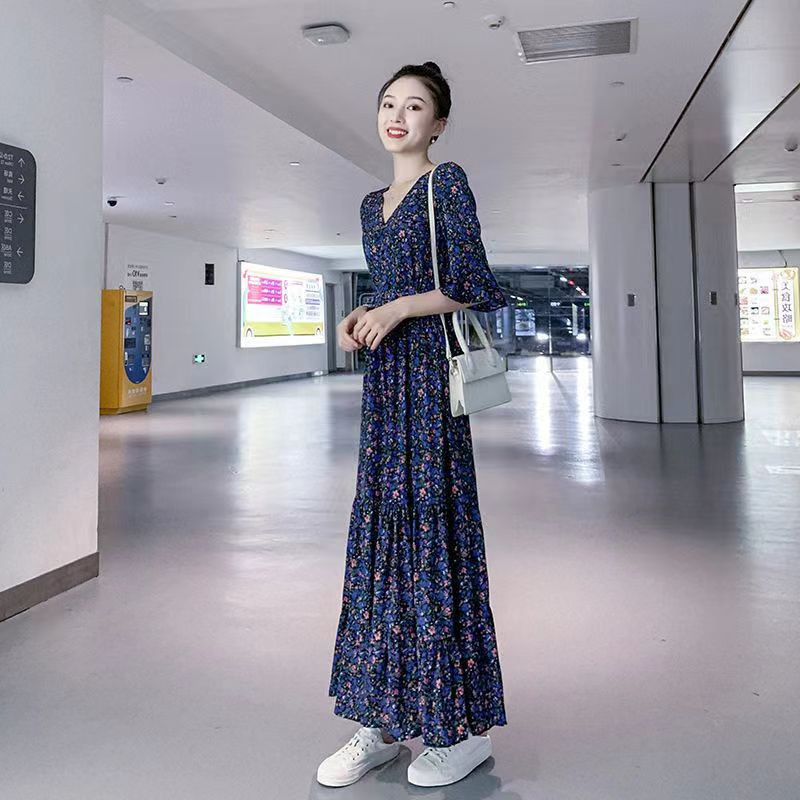 2026 Summer New Korean Style Floral Dress for Women, Mori Style Waist-Cinching Super Fairy Chiffon V-Neck Long Dress 2026 Summer New Korean Style Floral Dress for Women, Mori Style Waist-Cinching Super Fairy Chiffon V-Neck Long Dress
