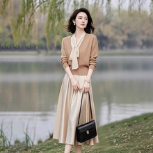 中年妈妈针织套装2025春秋气质韩版洋气上衣缎面半身裙两件套