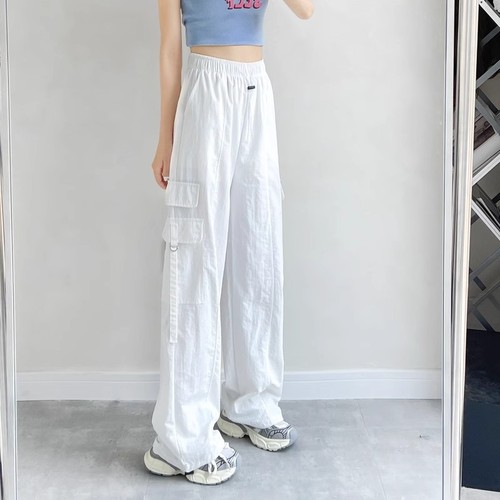 Vintage Rocker Straight Leg Work Pants for Women Summer High-Waisted Pocket Floor-Length Drawstring Ankle Pants