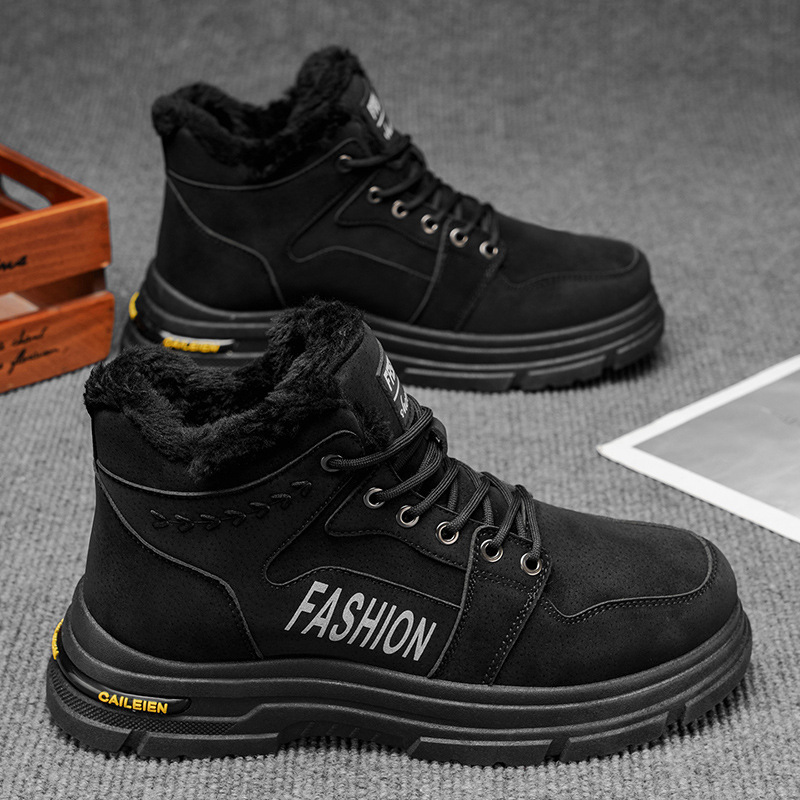 Winter Men's Shoes, Fleece-Lined High-Top Work Shoes, Trendy And Versatile, Thick-Soled, Non-Slip, Extra-Thick, Warm Cot_vogvips.com