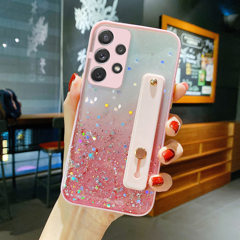 Fine Hole Color Hem Gradient Glitter Epoxy Phone Case For  A52/a72/a32 5g/s21 Wrist Strap Soft Case display picture 5