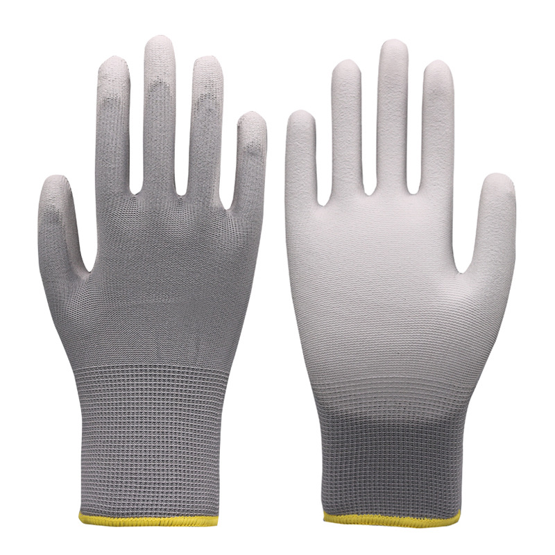 Guantes de seguro laboral Guantes antiestáticos de nailon resistentes al desgaste Guantes antideslizantes de palma recubiertos de pu gris libre de polvo Guantes transpirables al por mayor