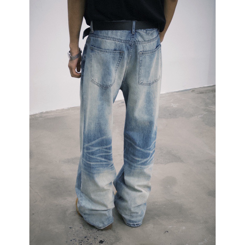 Herren-Jeans aus schwerem, Vintage-gewaschenem Denim, lässige, gerade Passform, A-Linie, Cleanfit-Freizeithose_voghion.com