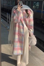 粉色格子毛呢外套女2023秋冬新款高级感赫本小香风小个子呢子大衣
