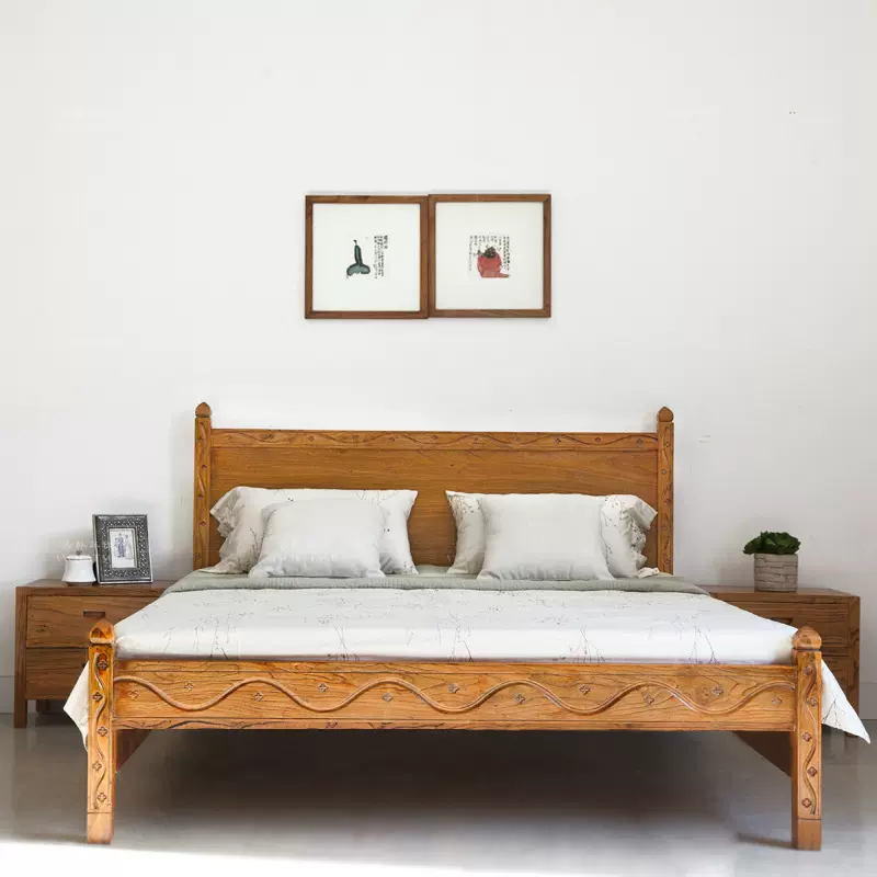 厂家批发实木双人床简约民宿大床新中式家用婚床榆木卧室双人床