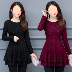 2025 autumn new lace shirt for women long-sleeved large-size base shirt round neck iron diamond covering belly slimming lace top