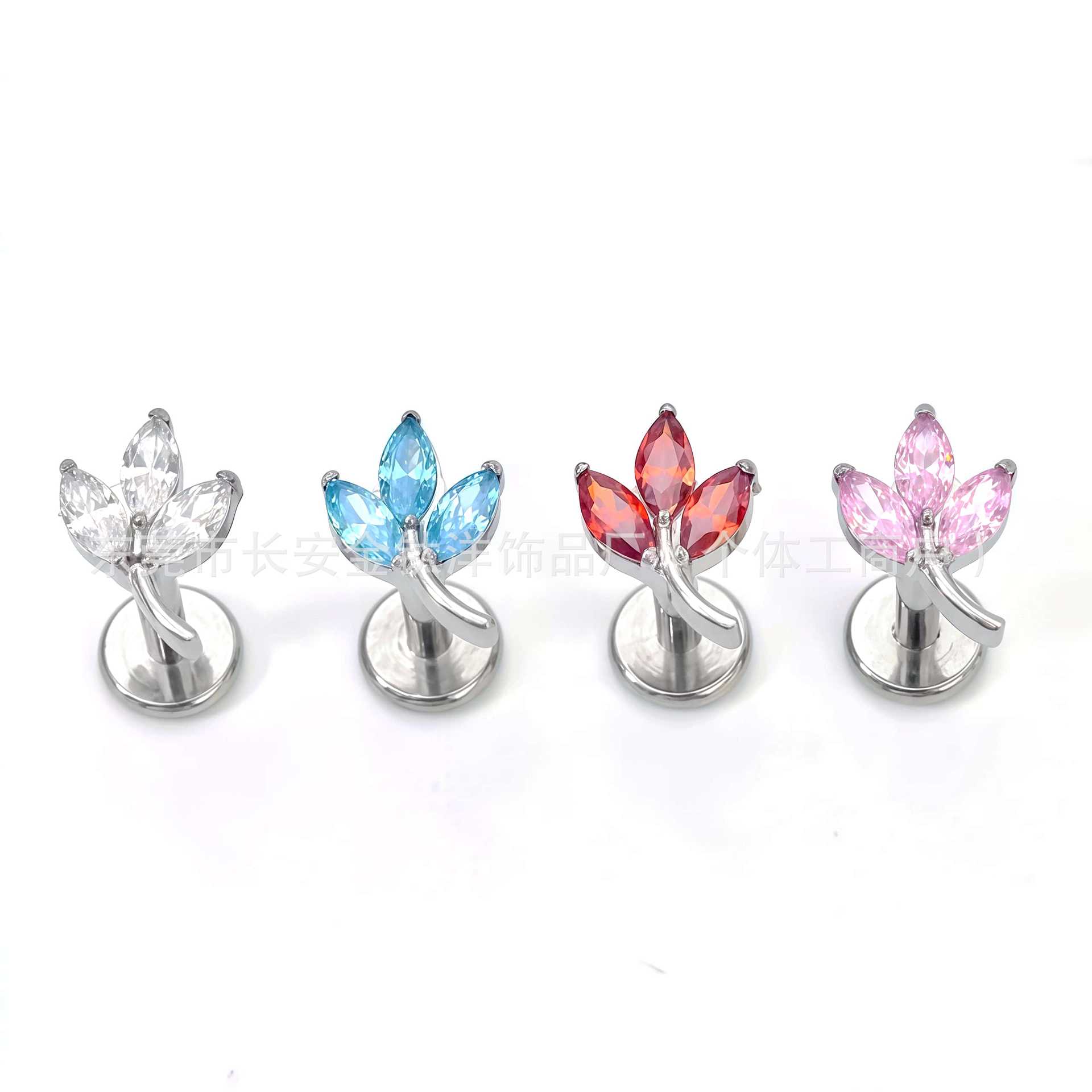 F136 Titanium Internal Thread Three-Horse Eye Leaf Lip Nail Earrings Ear Bone Nail G23 Titanium Alloy Body Piercing Jewelry detail image 8