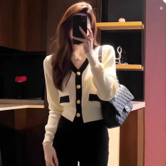 韩范小香风短款V领撞色长袖针织开衫女秋季高级感小个子上衣外套
