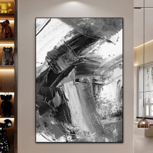 纯手绘现代简约客厅餐厅抽象画油画超大幅玄关装饰画落地画黑灰白
