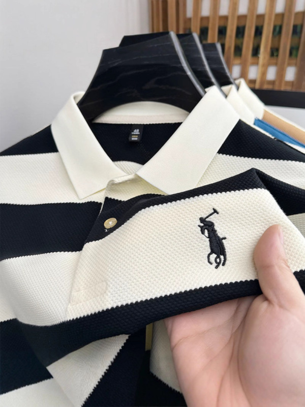 工場直販 2025 新作夏ストライプ半袖カジュアルトレンディブランドメンズラペル刺繍 T シャツファッショナブルで多用途|undefined